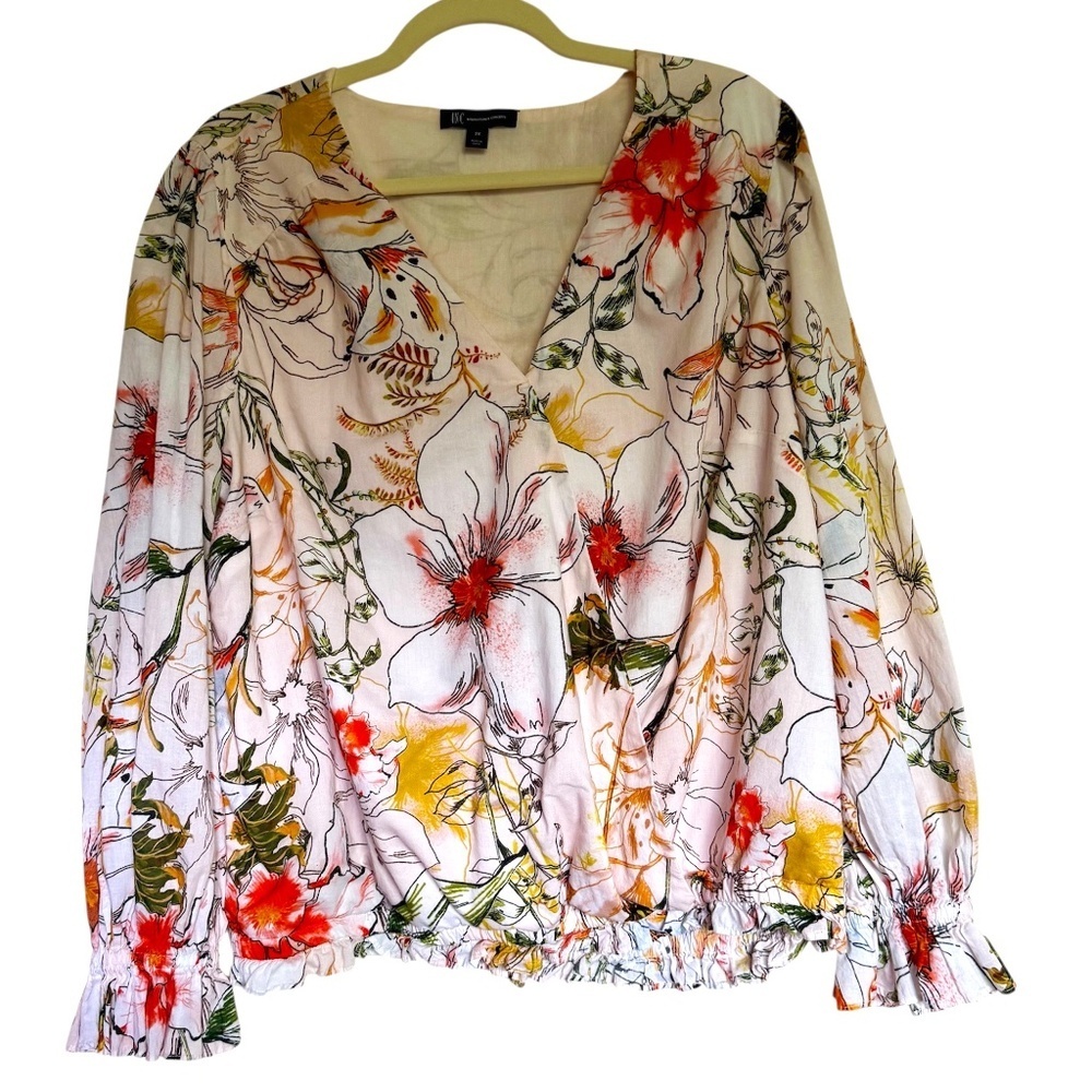 International Concepts‎ Pink Floral Puff Sleeve Surplice Blouse Top Plus Size 2X